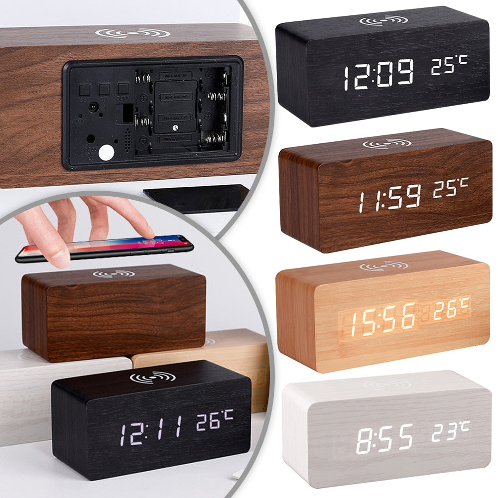 Modern Wooden Wireless Charging Alarm Clock