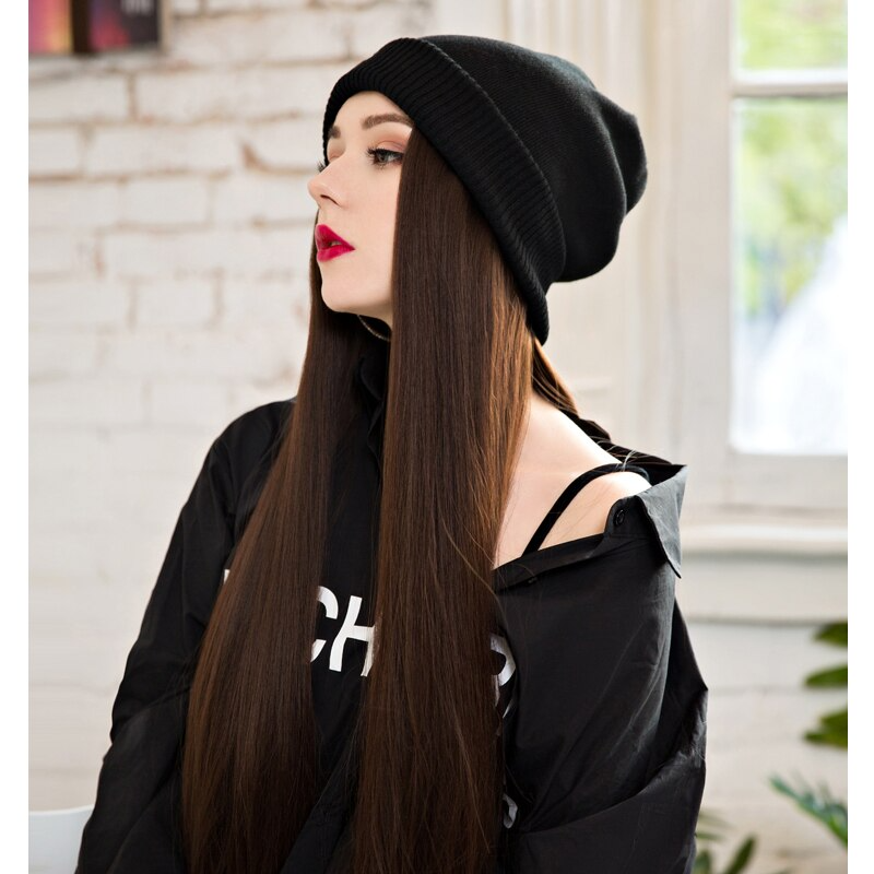 Knitted Long Hair Wig Beanie