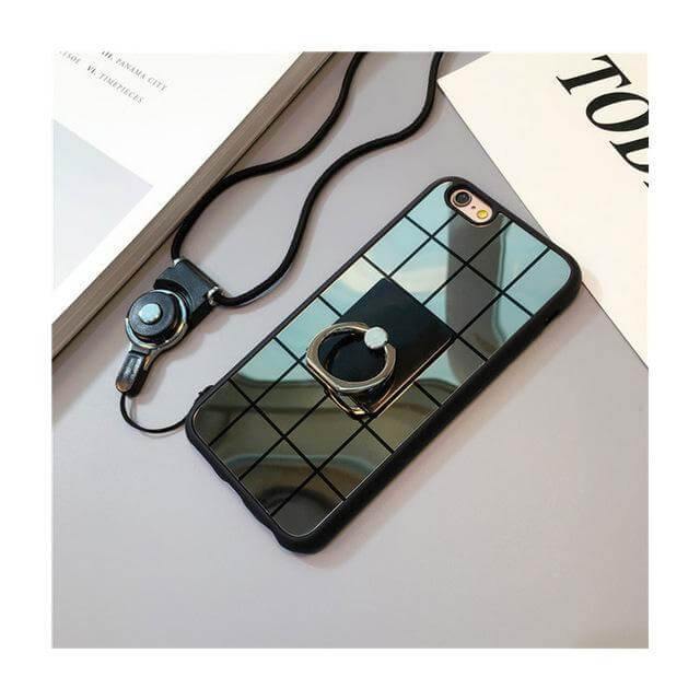 Simple Black White Plaid Mirror Iphone Cases with Strap