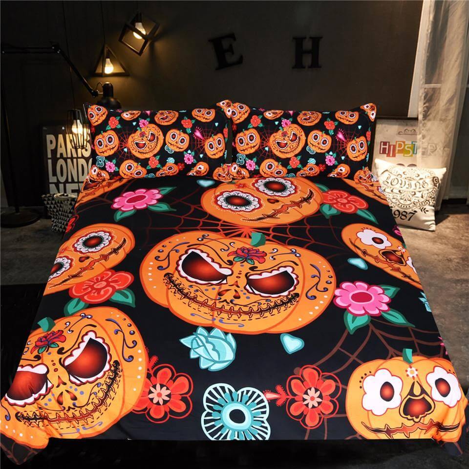 Halloween Pumpkin Flowers Duvet Cover Bedding Set