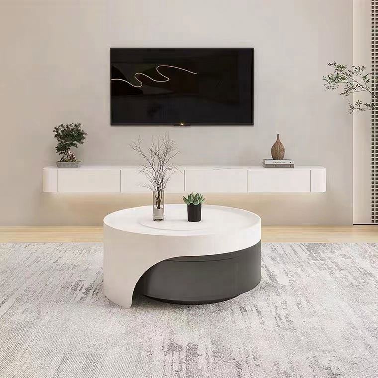 Modernist Dual-Tier Retractable Circular Lounge Coffee Table