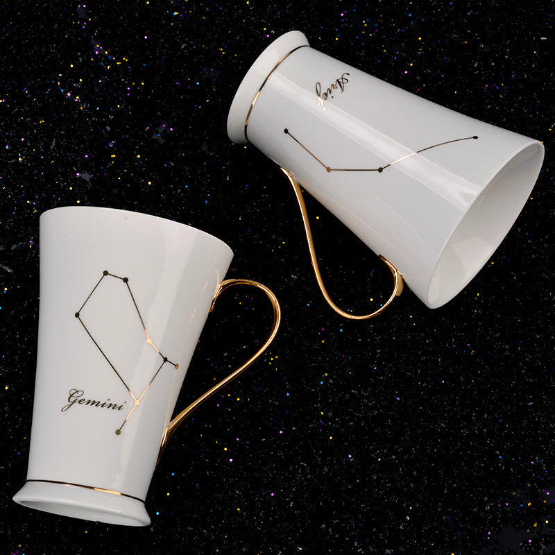 White And Gold Ceramic Coffee mugs with Zodiac Signs