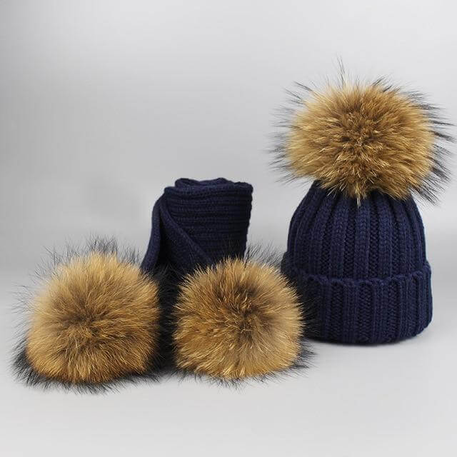 Warm Knitted Fur Hat Scarf Set