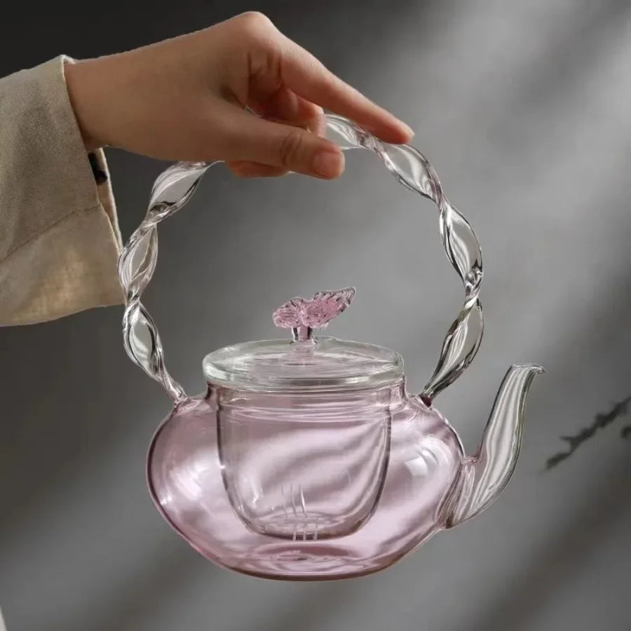 Floral Lid Design Tea Infuser Glass Teapot