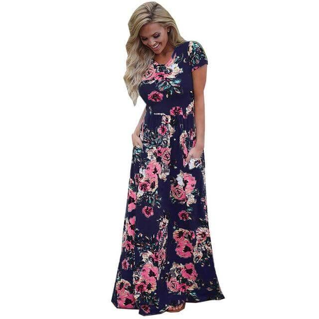 Women Bohemia Short Sleeve O Neck Floral Summer Dress