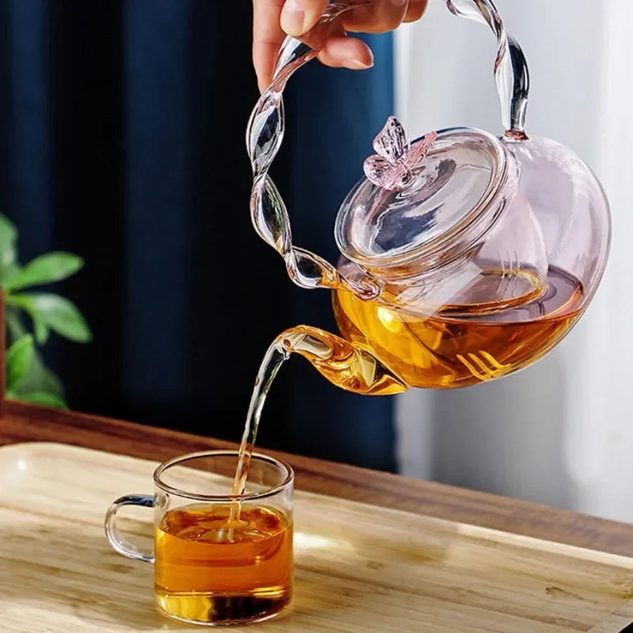 Floral Lid Design Tea Infuser Glass Teapot