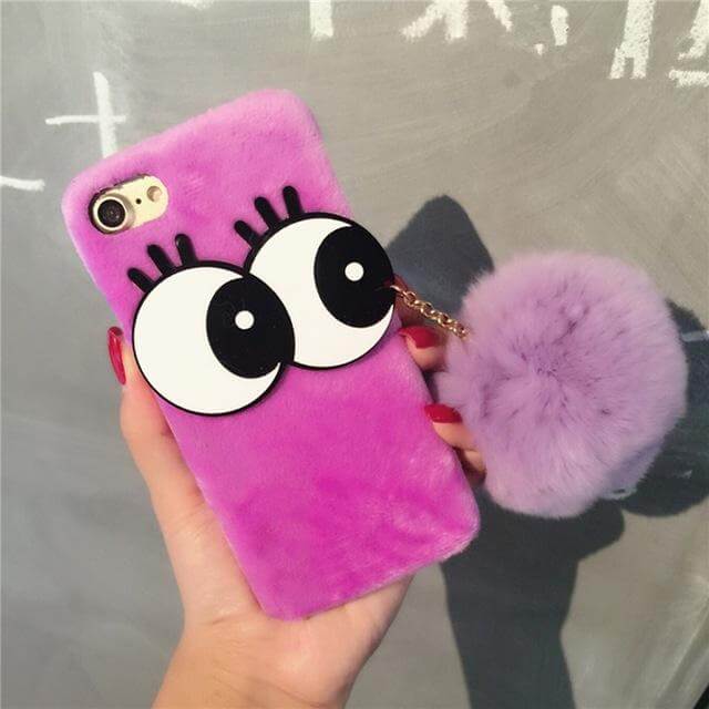 3D NBling Big Eyes With Real Soft Fur Ball Iphone Cases