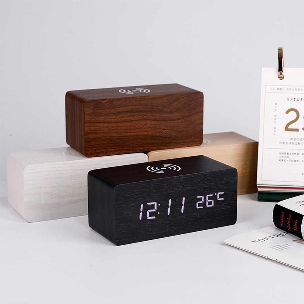 Modern Wooden Wireless Charging Alarm Clock