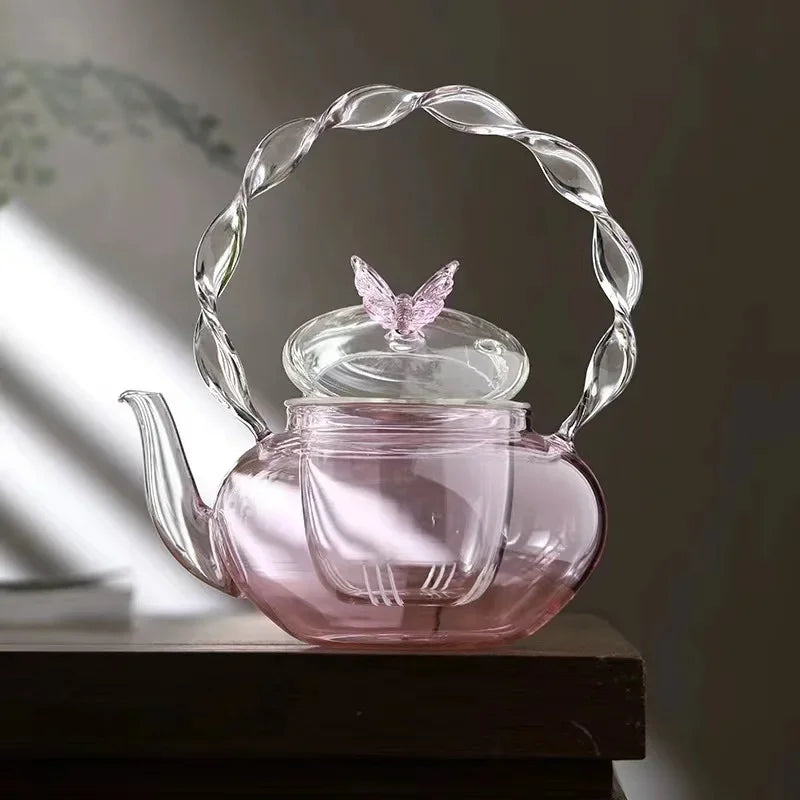 Floral Lid Design Tea Infuser Glass Teapot