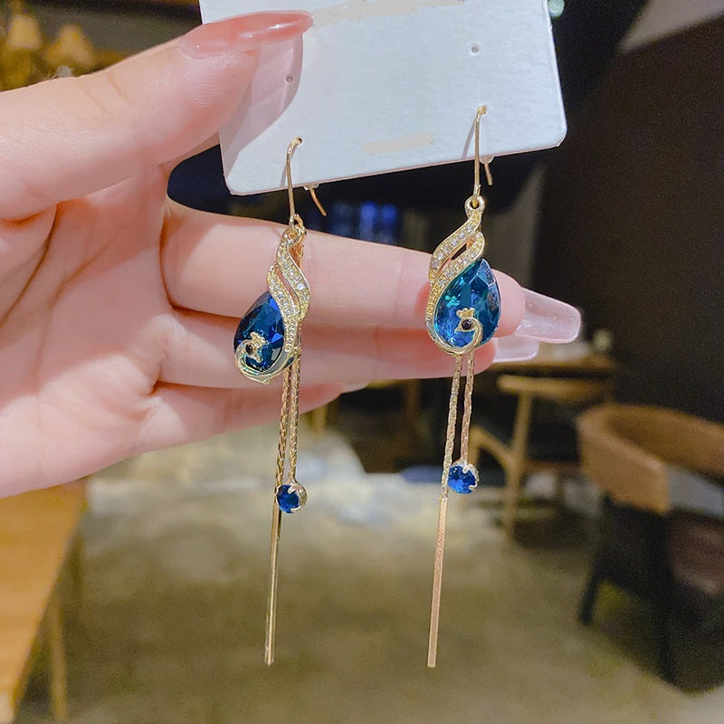 Korean Style Blue Crystal Phoenix Earrings