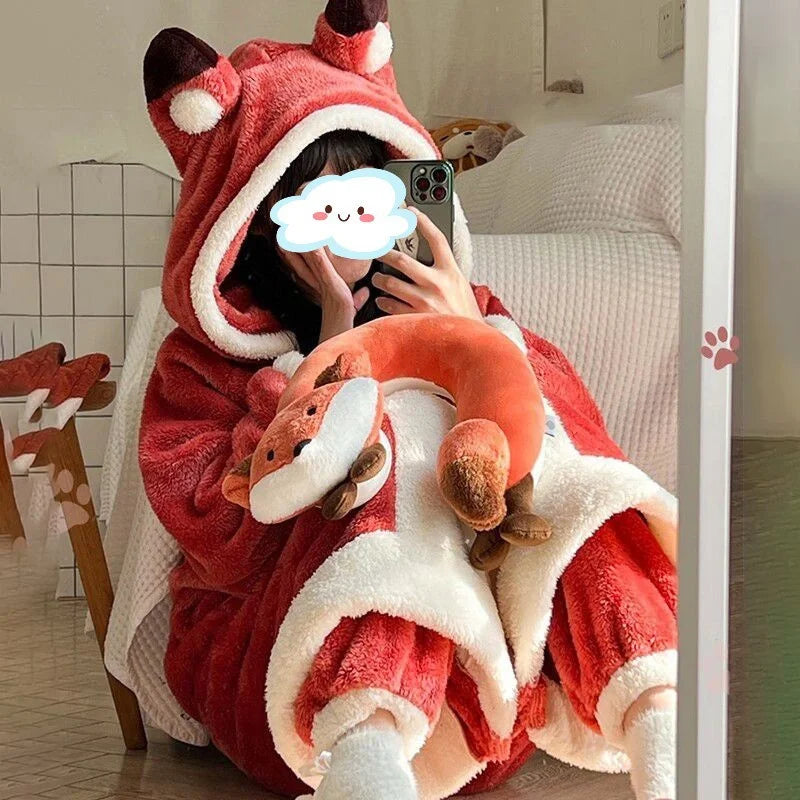 Dreamy Fox Thick Animal-Theme Hooded Blanket Pajamas