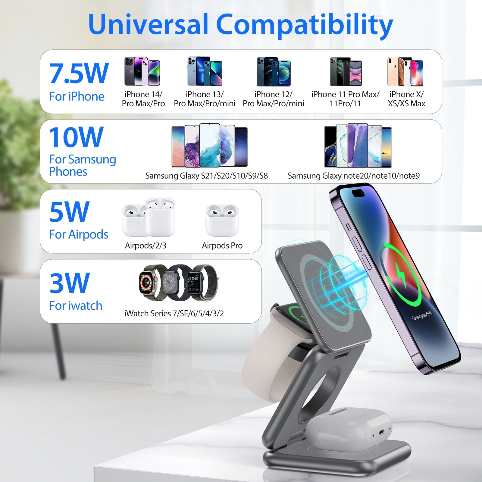 3in1 Foldable Magnetic Smart Wireless Charger Stand