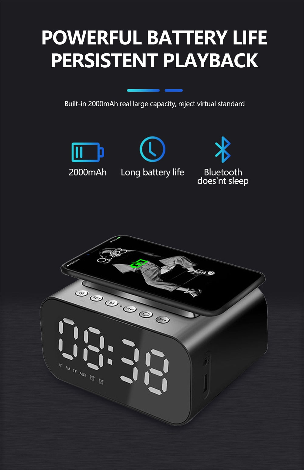 Wireless Dijital Alarm Clock Phone Charger Speaker