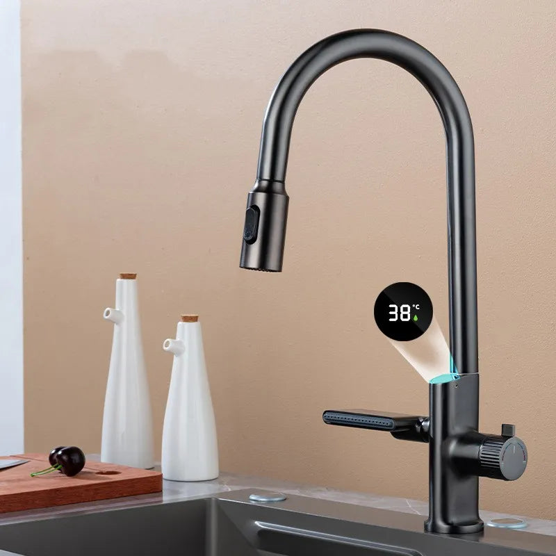 Waterfall Temperature Sensor Digital Display Kitchen Pull-Out Faucet