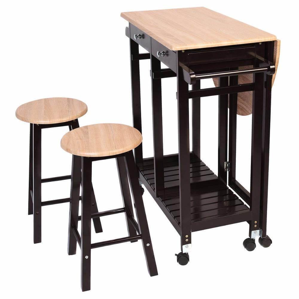 Wood Kitchen Island Table with 2 Stools