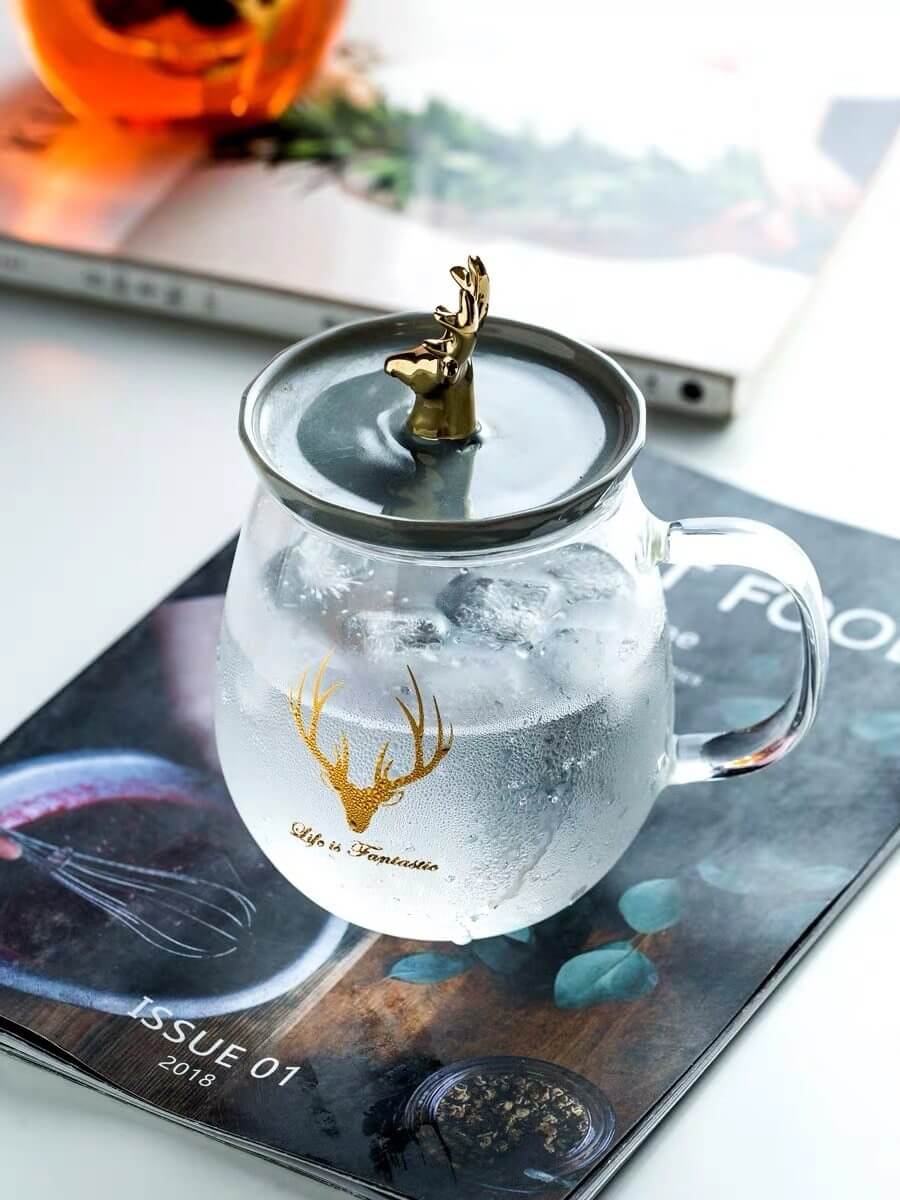 Double Wall Glass Cup With Deer Shape Ceramic Lid