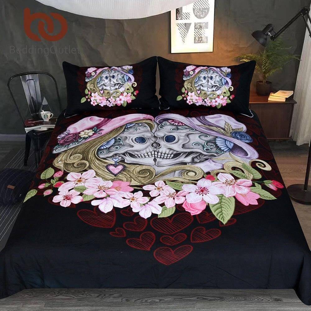 3pcs Gothic Couple Skull Pink Comfortable Duvet Cover Bedding set