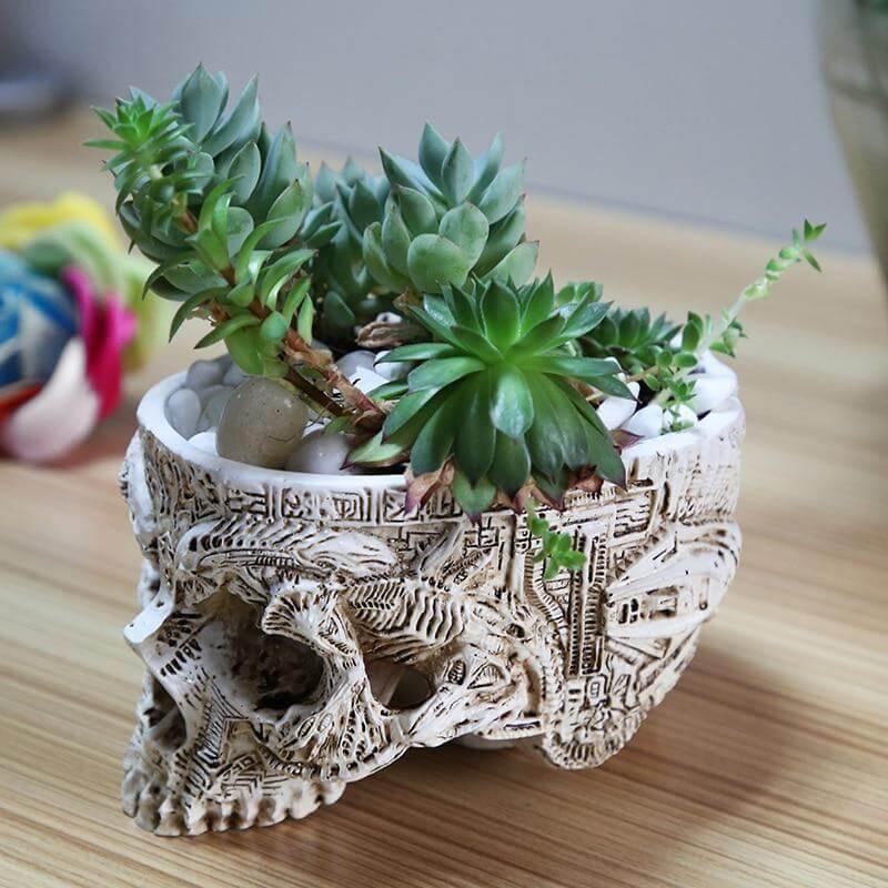 Hand Carved Skull Flower Pot Home Decoration