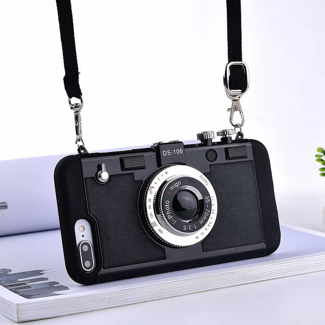 Retro Camera Silicone Iphone Cases With Long Strap Rope