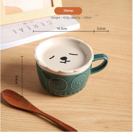 Japanese Ceramic Cat Breakfast Mug with Lid