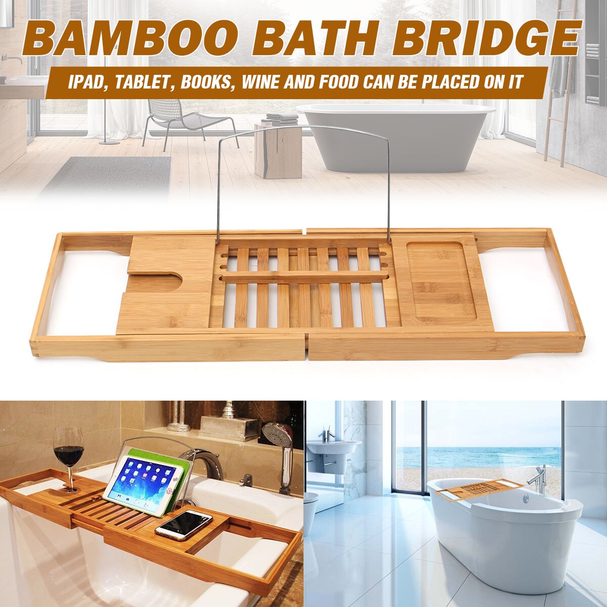 Retractable Bamboo Bathtub Shelf Bridge