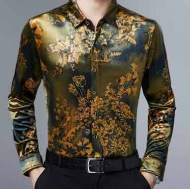 Stretch Velvet Flower Long Sleeve Men Shirt