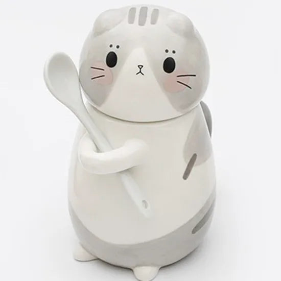 Lucky Cat Ceramic Coffee Mug with Spoon