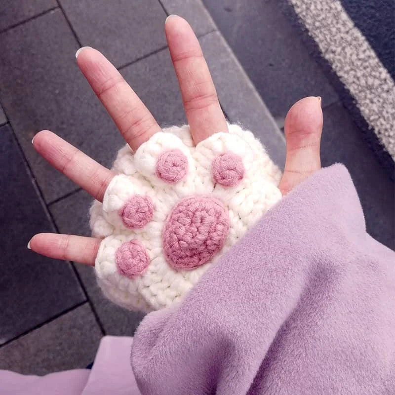 Cat Paw Hand-Knitted Winter Gloves