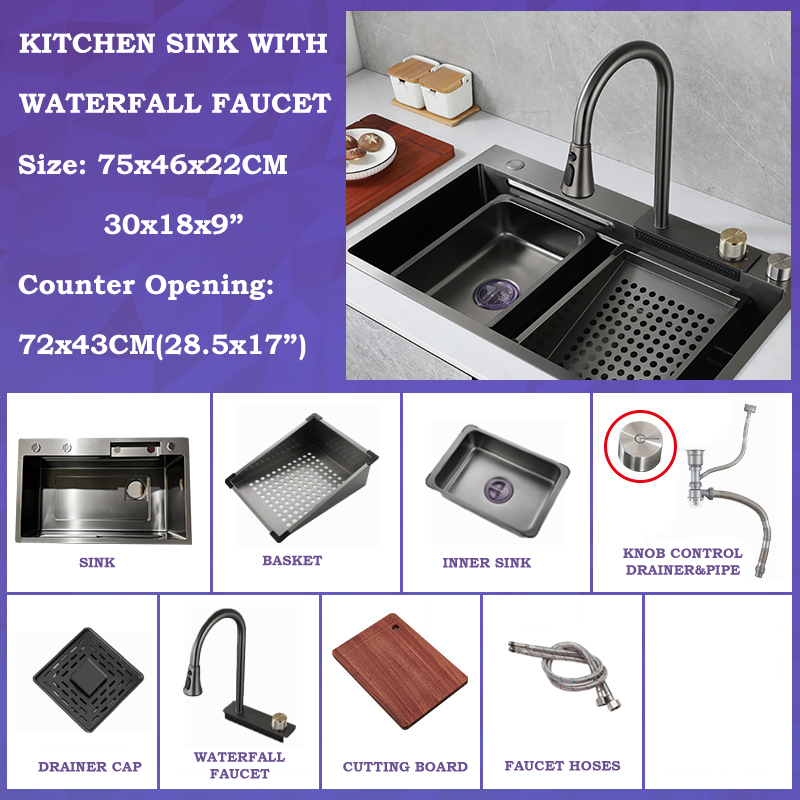 Elegant Stainless Steel Waterfall Kitchen Sink