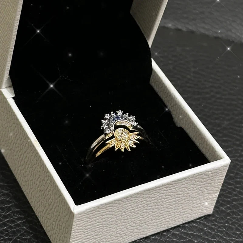 Celestial Sun and Moon Charm Sparkling Ring