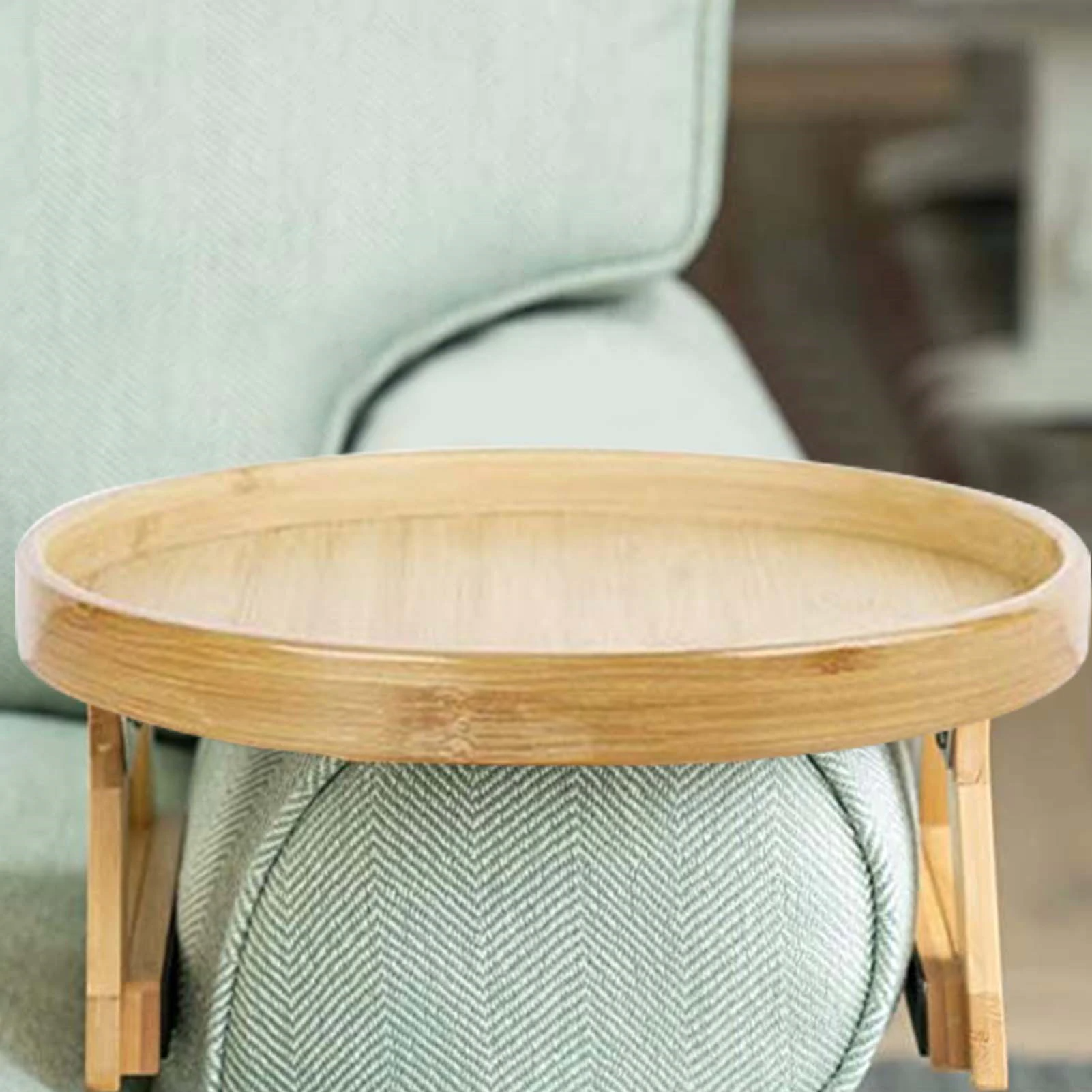 Bamboo Sofa Armrest Clip-On Round Tray