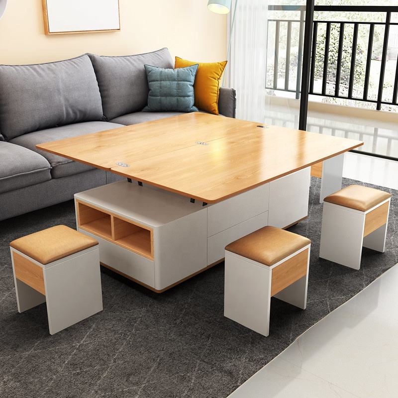 Hidden Seats Retractable Wooden Elegant Coffee Table