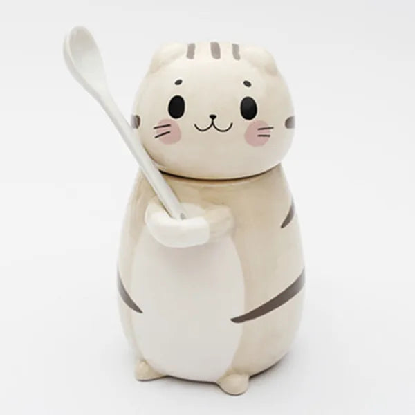 Lucky Cat Ceramic Coffee Mug with Spoon