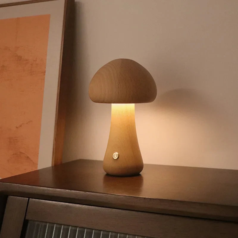 Touch Switch Wooden Mushroom LED Night Lamp