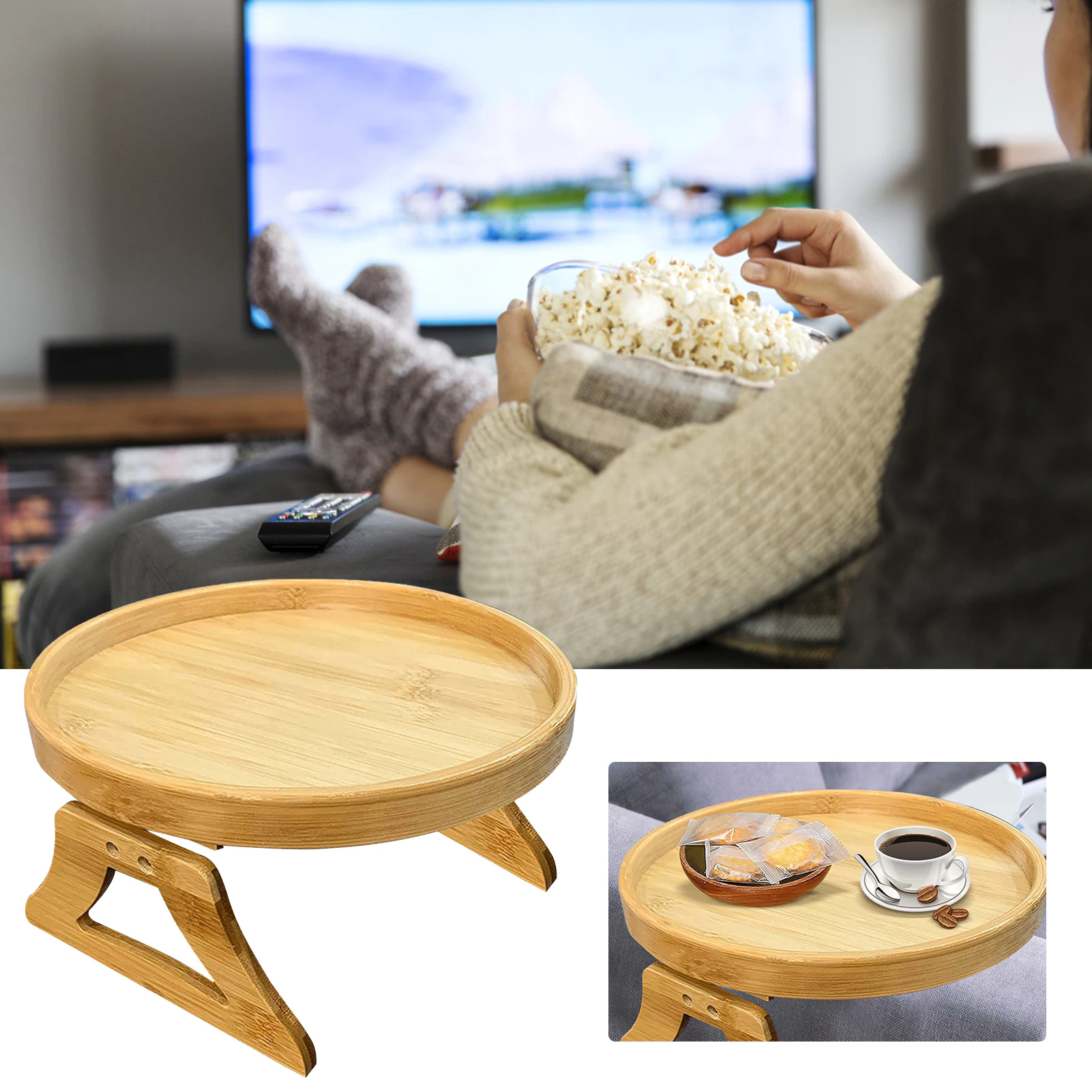 Bamboo Sofa Armrest Clip-On Round Tray