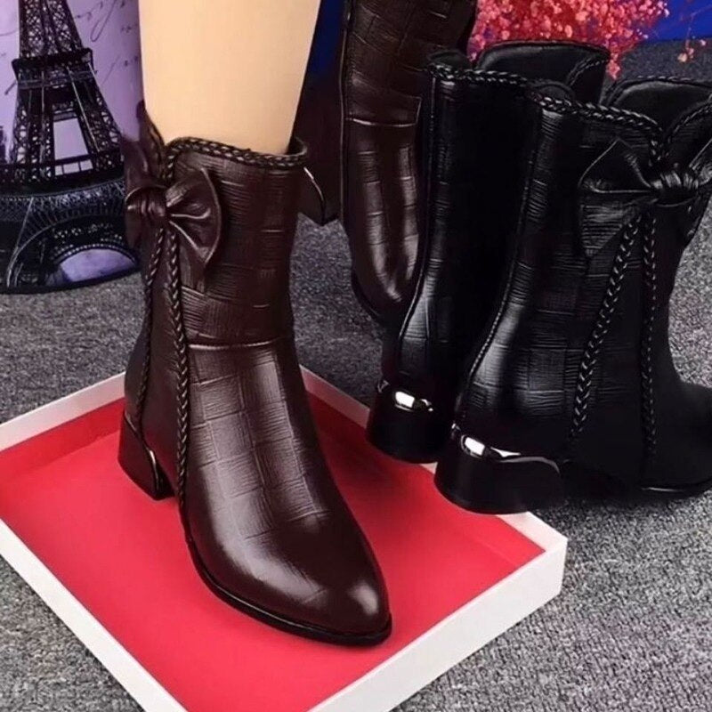 British Style Leather High Heel Ankle Boots