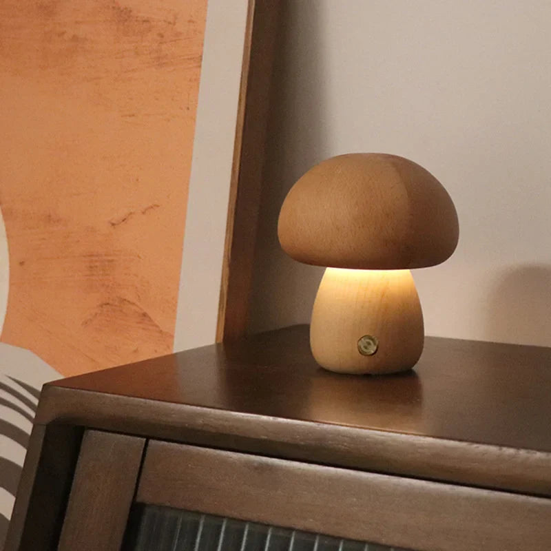 Touch Switch Wooden Mushroom LED Night Lamp